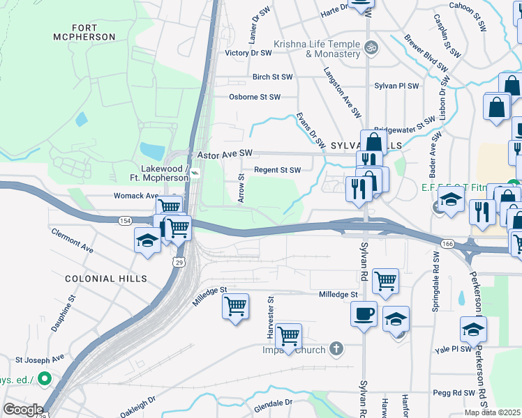 map of restaurants, bars, coffee shops, grocery stores, and more near 2 Lakewood Avenue Southwest in Atlanta