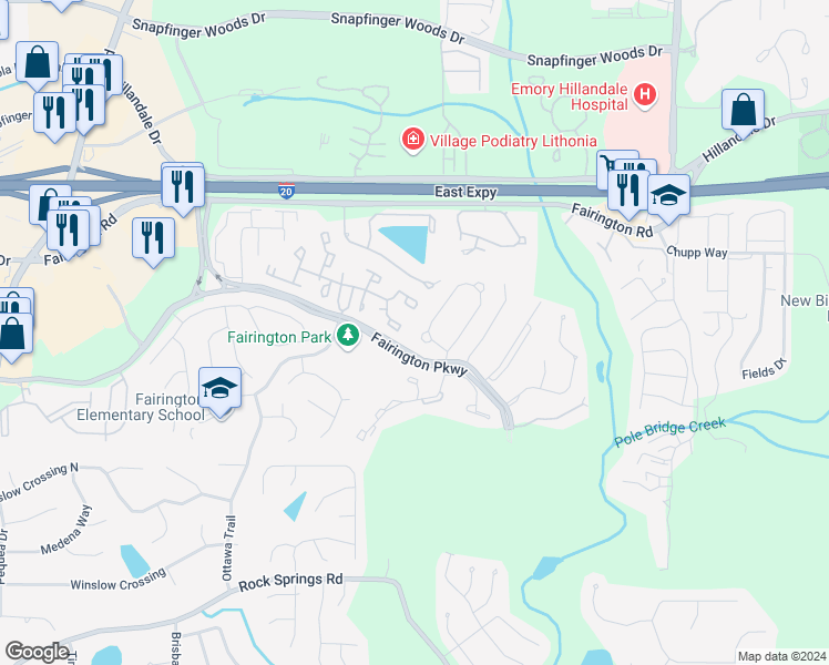 map of restaurants, bars, coffee shops, grocery stores, and more near 2720 Norfair Loop in Stonecrest
