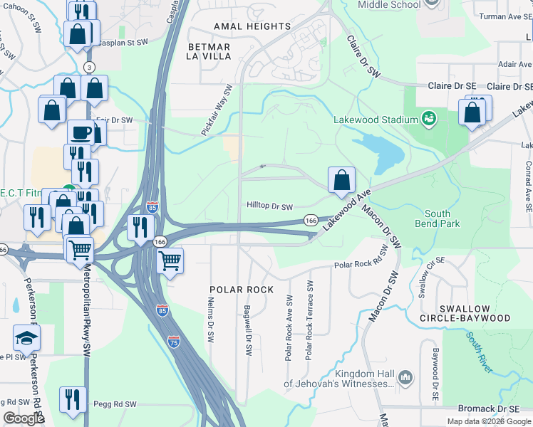 map of restaurants, bars, coffee shops, grocery stores, and more near 266 Hilltop Drive Southwest in Atlanta