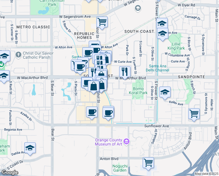 map of restaurants, bars, coffee shops, grocery stores, and more near 1040 West MacArthur Boulevard in Santa Ana
