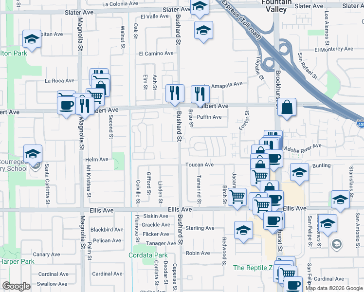 map of restaurants, bars, coffee shops, grocery stores, and more near 101 Myna Lane in Fountain Valley