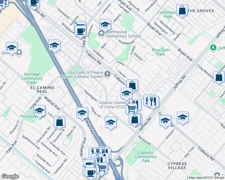 map of restaurants, bars, coffee shops, grocery stores, and more near 32 Cartier Aisle in Irvine