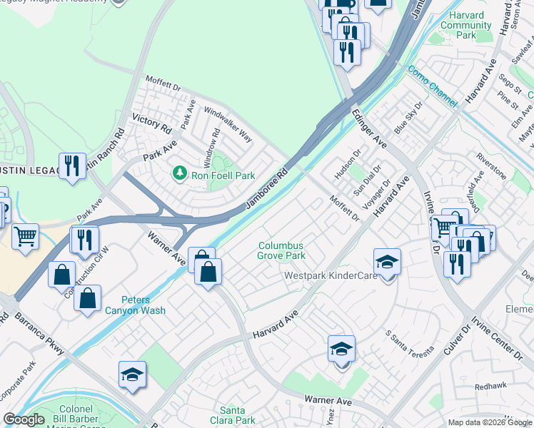 map of restaurants, bars, coffee shops, grocery stores, and more near 16605 Camilia Avenue in Tustin