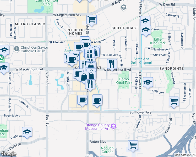 map of restaurants, bars, coffee shops, grocery stores, and more near 1040 West MacArthur Boulevard in Santa Ana