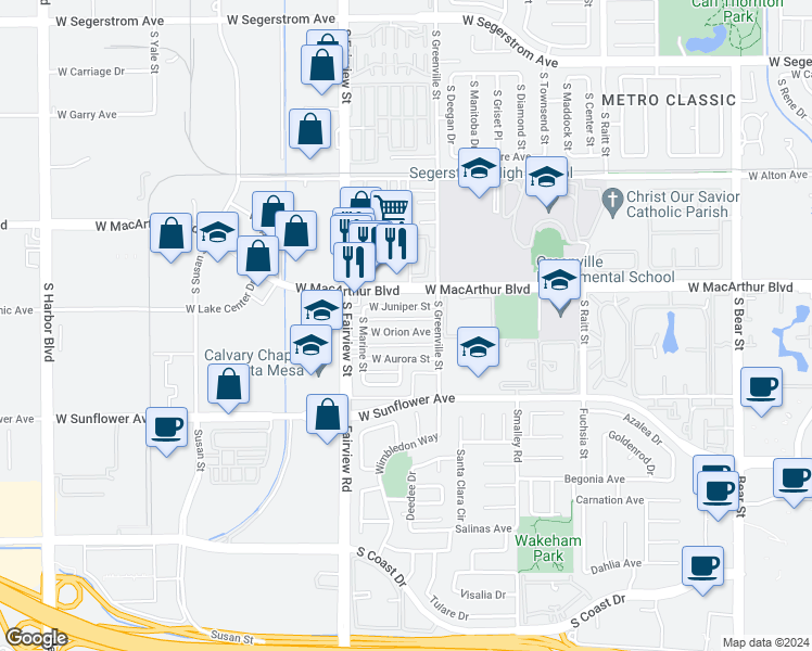 map of restaurants, bars, coffee shops, grocery stores, and more near 2708 West Juniper Street in Santa Ana