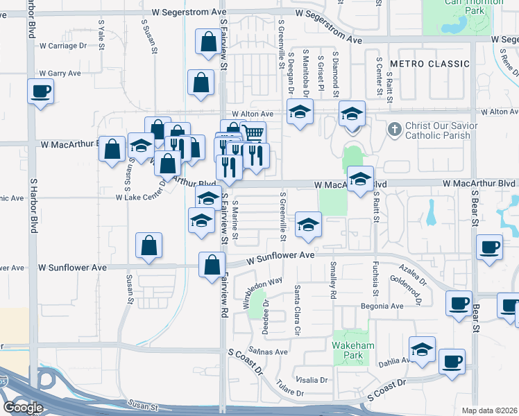 map of restaurants, bars, coffee shops, grocery stores, and more near 2708 West Juniper Street in Santa Ana