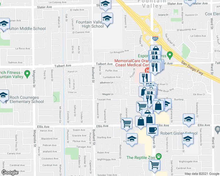 map of restaurants, bars, coffee shops, grocery stores, and more near 702 Catalpa Lane in Fountain Valley