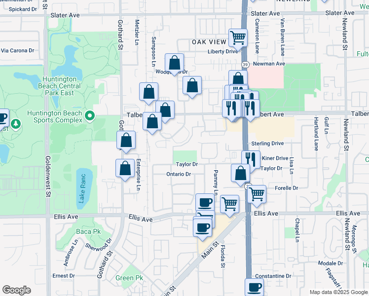 map of restaurants, bars, coffee shops, grocery stores, and more near 18292 Parkview Lane in Huntington Beach