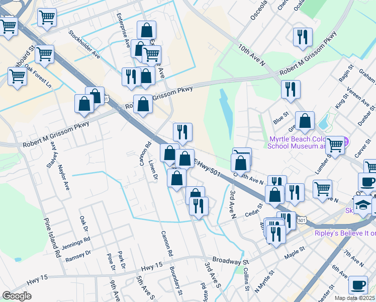 map of restaurants, bars, coffee shops, grocery stores, and more near 1320 U.S. 501 in Myrtle Beach