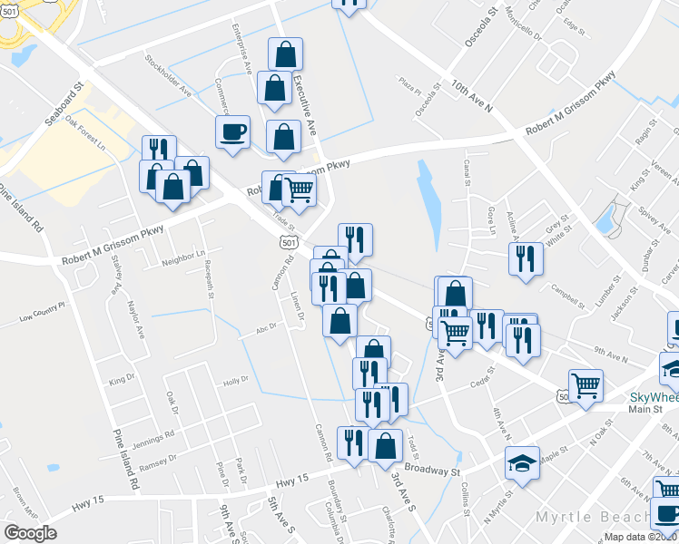 map of restaurants, bars, coffee shops, grocery stores, and more near 1379 U.S. 501 in Myrtle Beach