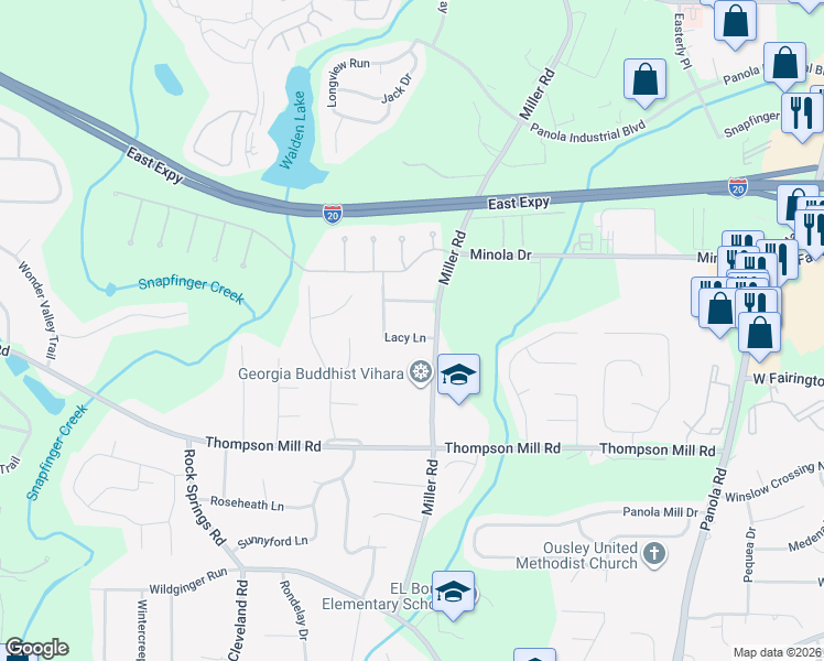 map of restaurants, bars, coffee shops, grocery stores, and more near Lacy Lane in Stonecrest