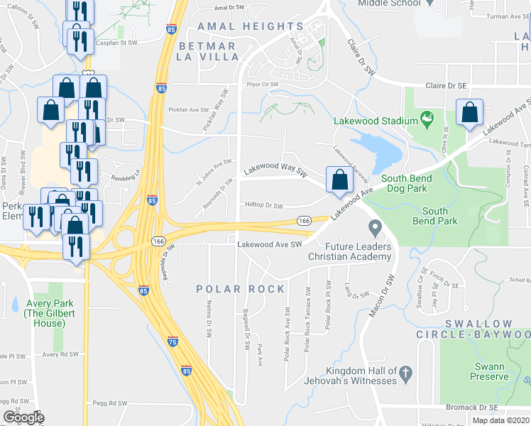 map of restaurants, bars, coffee shops, grocery stores, and more near 244 Hilltop Drive Southwest in Atlanta