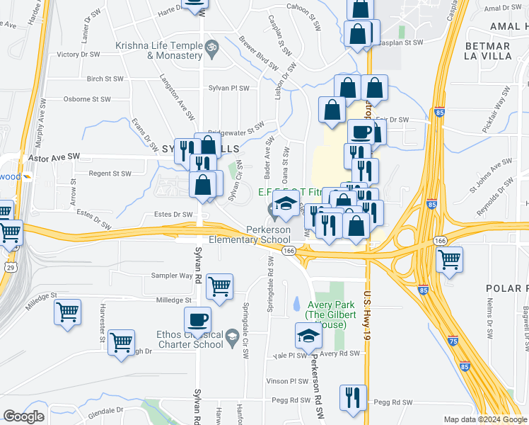 map of restaurants, bars, coffee shops, grocery stores, and more near 2047 Brewer Boulevard Southwest in Atlanta