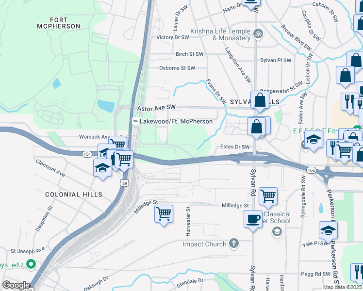 map of restaurants, bars, coffee shops, grocery stores, and more near 2 Lakewood Avenue Southwest in Atlanta