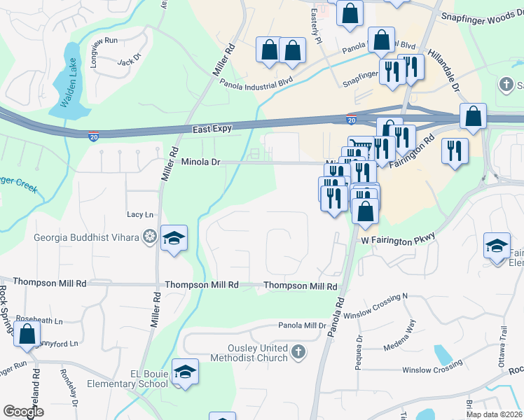 map of restaurants, bars, coffee shops, grocery stores, and more near 5409 Winding Glen Drive in Lithonia