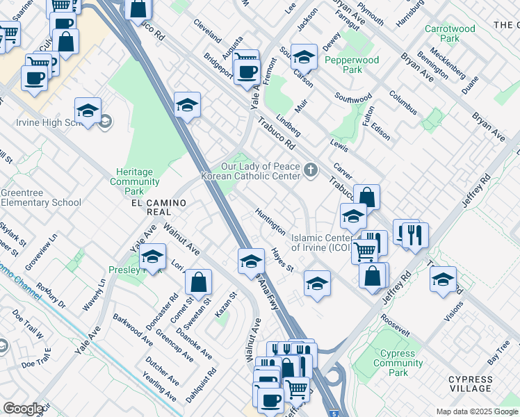 map of restaurants, bars, coffee shops, grocery stores, and more near 173 Huntington in Irvine