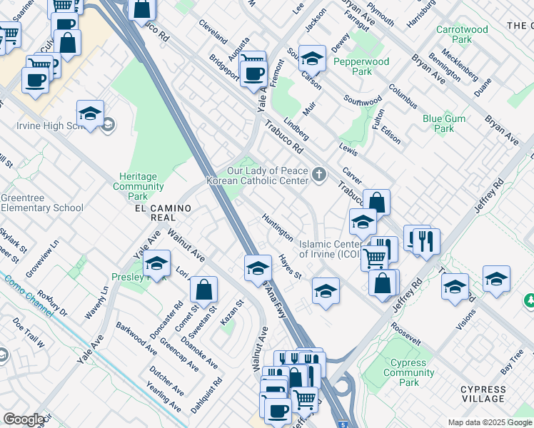 map of restaurants, bars, coffee shops, grocery stores, and more near 99 Huntington in Irvine