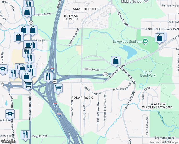 map of restaurants, bars, coffee shops, grocery stores, and more near 266 Hilltop Drive Southwest in Atlanta