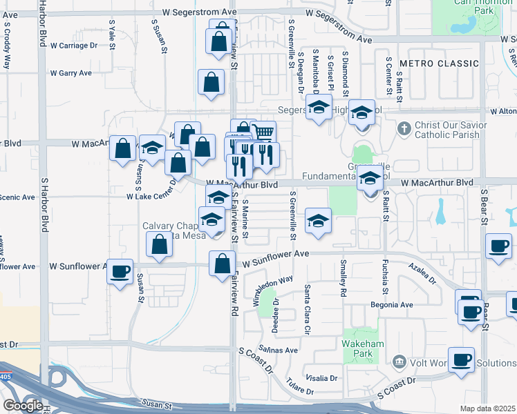 map of restaurants, bars, coffee shops, grocery stores, and more near 2713 West Orion Avenue in Santa Ana