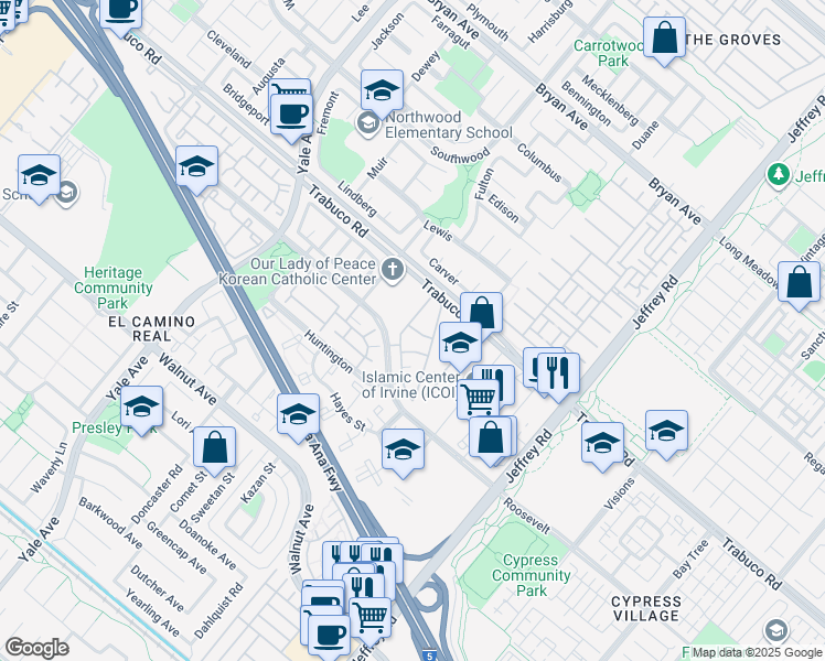 map of restaurants, bars, coffee shops, grocery stores, and more near 15 Ericson Aisle in Irvine