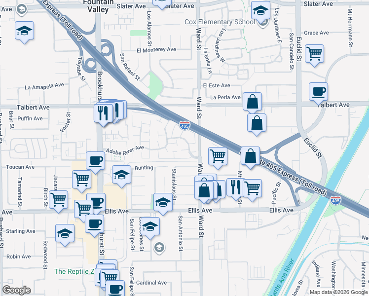 map of restaurants, bars, coffee shops, grocery stores, and more near 10417 Echo River Court in Fountain Valley