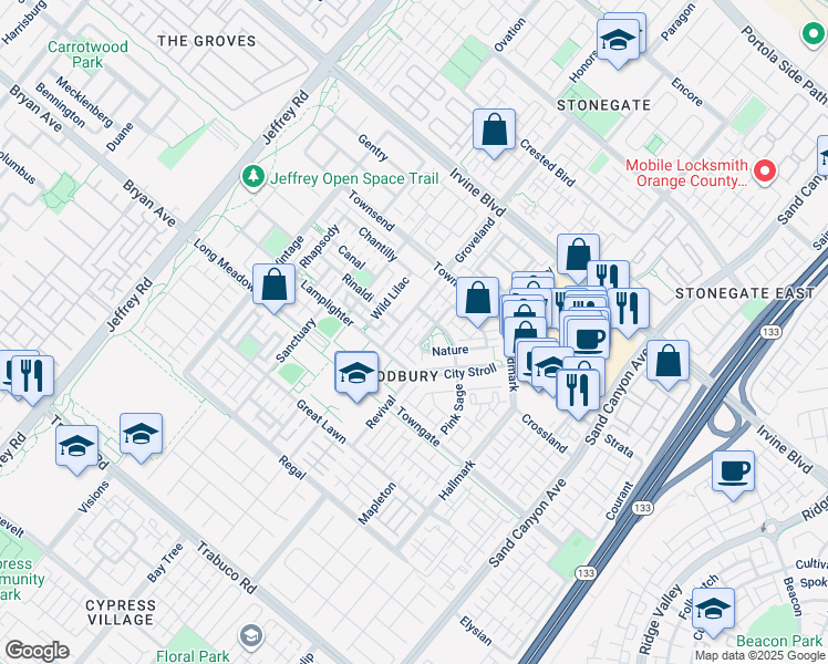map of restaurants, bars, coffee shops, grocery stores, and more near 7 Nature in Irvine