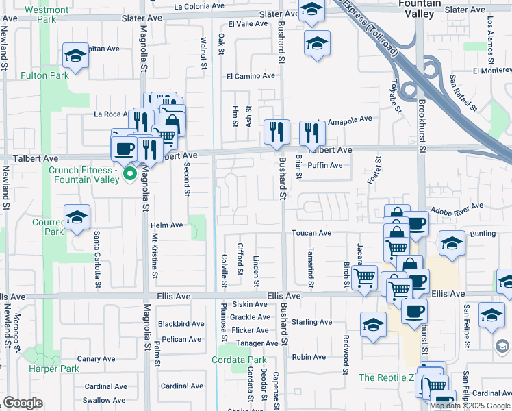 map of restaurants, bars, coffee shops, grocery stores, and more near 9408 Swift Avenue in Fountain Valley