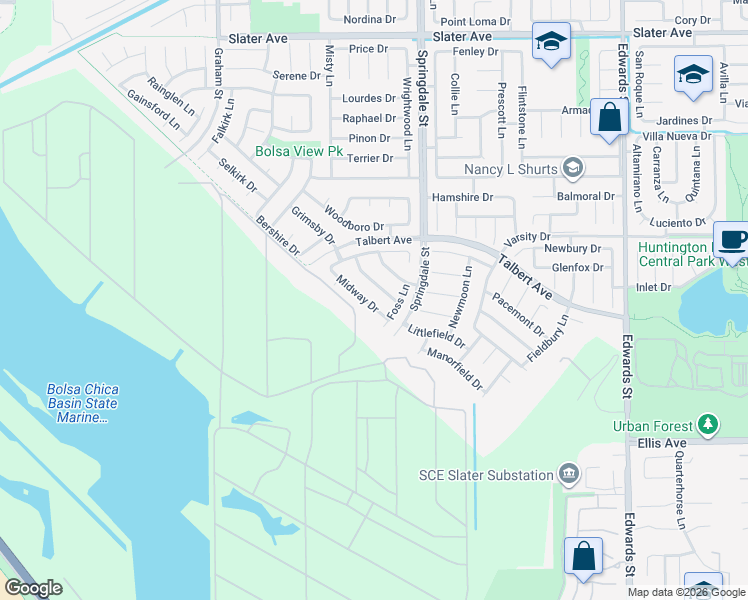 map of restaurants, bars, coffee shops, grocery stores, and more near 5861 Midway Drive in Huntington Beach