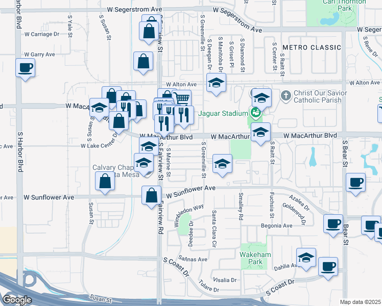 map of restaurants, bars, coffee shops, grocery stores, and more near 2625 West Orion Avenue in Santa Ana