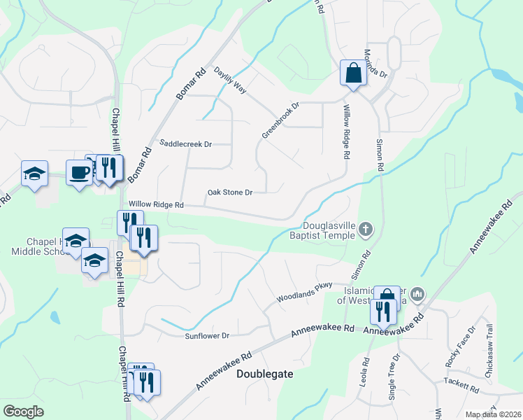 map of restaurants, bars, coffee shops, grocery stores, and more near 4070 Willow Ridge Road in Douglasville