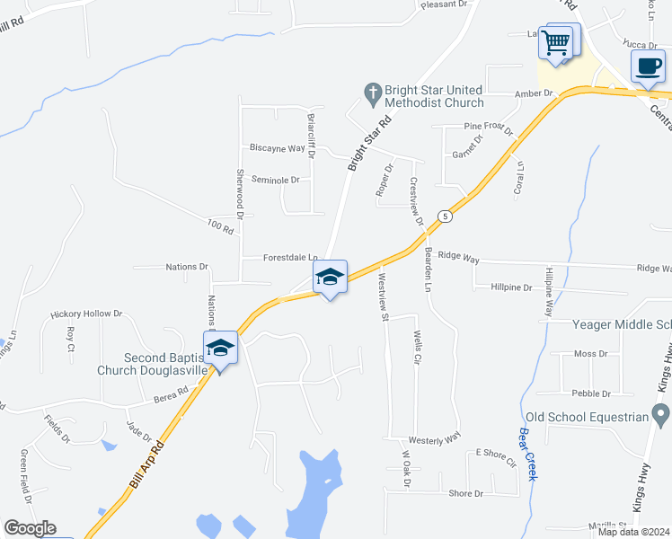 map of restaurants, bars, coffee shops, grocery stores, and more near 3971 Highway 5 in Douglasville