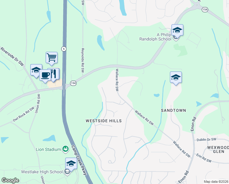 map of restaurants, bars, coffee shops, grocery stores, and more near 2045 Wallace Road Southwest in Atlanta