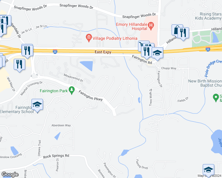 map of restaurants, bars, coffee shops, grocery stores, and more near 4302 Fairington Village Drive in Lithonia