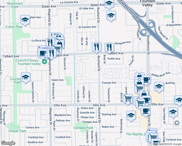 map of restaurants, bars, coffee shops, grocery stores, and more near 9408 Swift Avenue in Fountain Valley