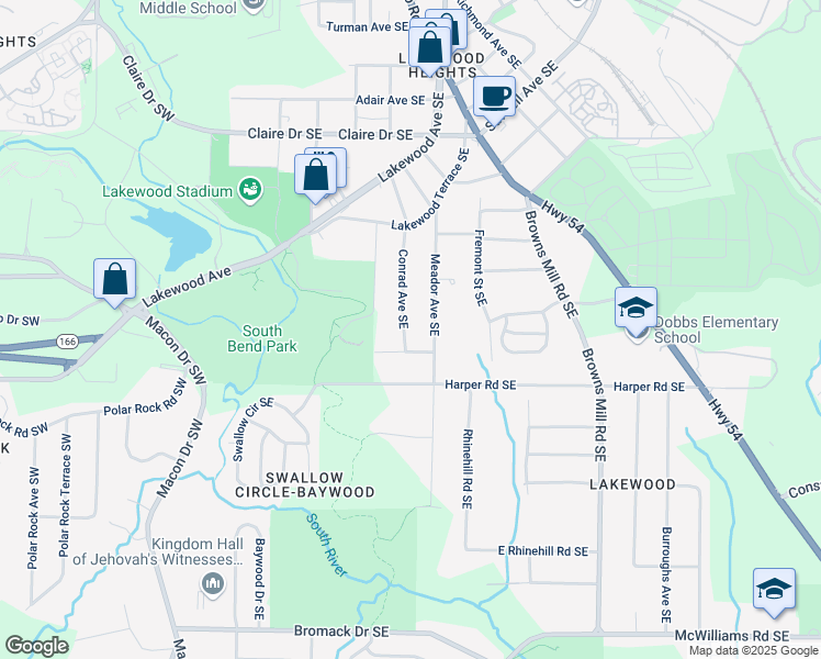 map of restaurants, bars, coffee shops, grocery stores, and more near 2030 Conrad Avenue Southeast in Atlanta