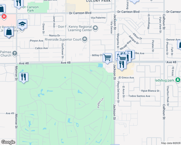 map of restaurants, bars, coffee shops, grocery stores, and more near 48352 Barrymore Street in Indio