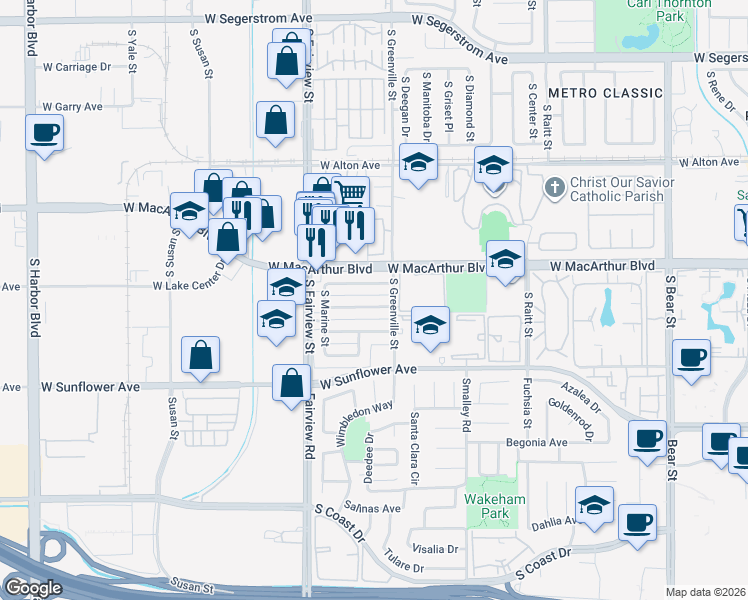 map of restaurants, bars, coffee shops, grocery stores, and more near 2619 West Orion Avenue in Santa Ana