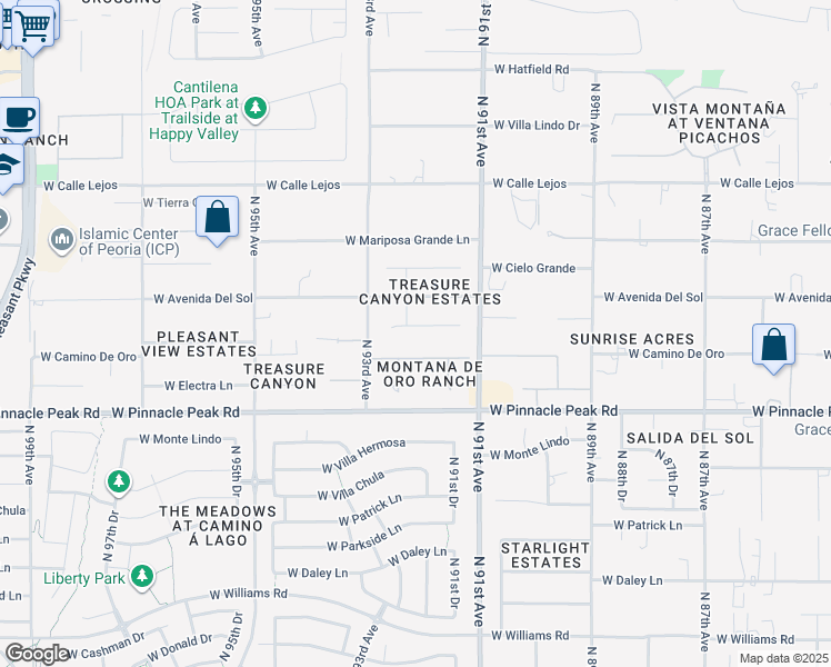 map of restaurants, bars, coffee shops, grocery stores, and more near 9137 West Camino De Oro in Peoria