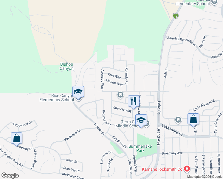 map of restaurants, bars, coffee shops, grocery stores, and more near 16513 Mountain Street in Lake Elsinore
