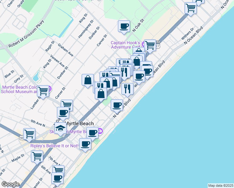 map of restaurants, bars, coffee shops, grocery stores, and more near 406 17th Avenue North in Myrtle Beach