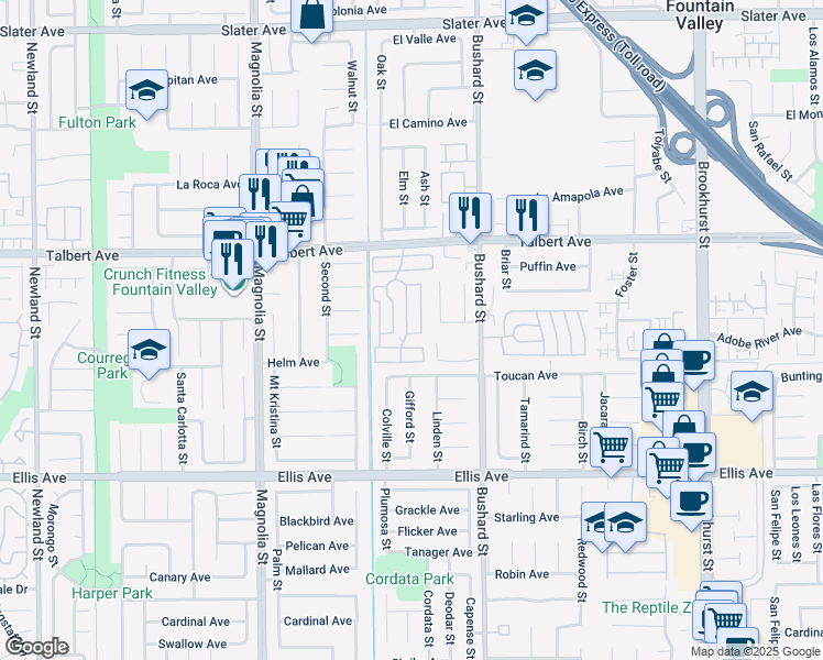 map of restaurants, bars, coffee shops, grocery stores, and more near 138 Sumac Lane in Fountain Valley