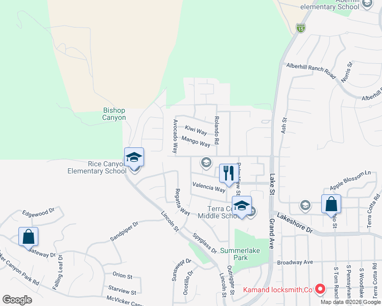 map of restaurants, bars, coffee shops, grocery stores, and more near 16513 Mountain Street in Lake Elsinore