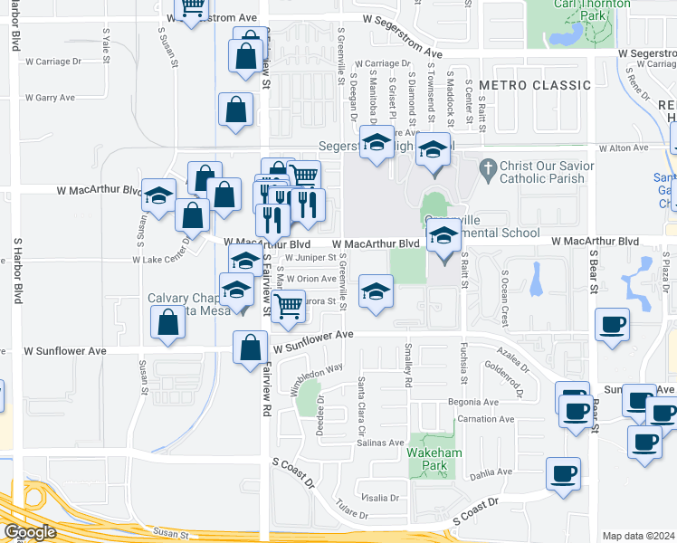 map of restaurants, bars, coffee shops, grocery stores, and more near 2601 West Orion Avenue in Santa Ana