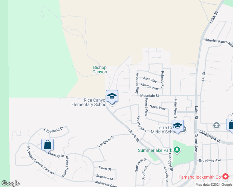 map of restaurants, bars, coffee shops, grocery stores, and more near 16654 Elk Grove Lane in Lake Elsinore