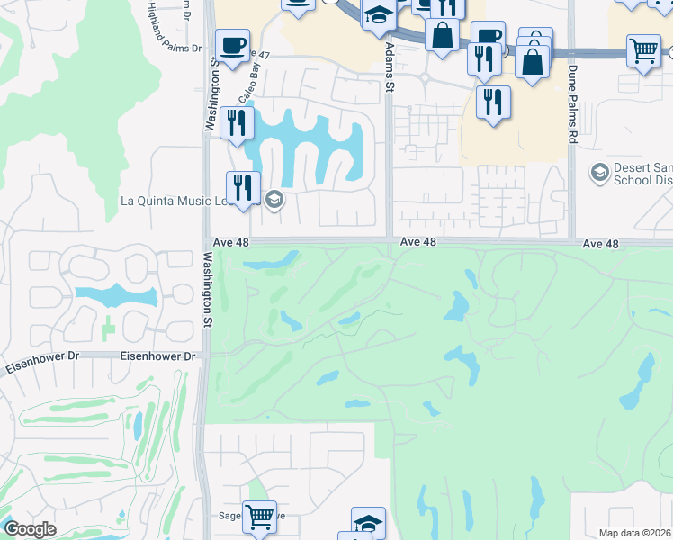 map of restaurants, bars, coffee shops, grocery stores, and more near 48110 Paso Tiempo Ln in La Quinta