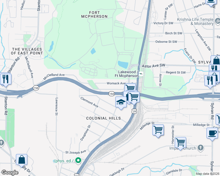 map of restaurants, bars, coffee shops, grocery stores, and more near 1361 McClelland Avenue in East Point