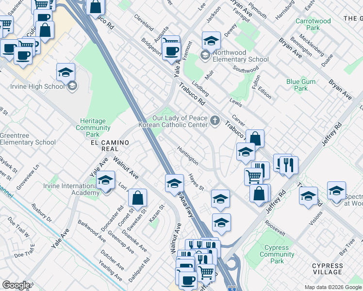map of restaurants, bars, coffee shops, grocery stores, and more near 177 Huntington in Irvine