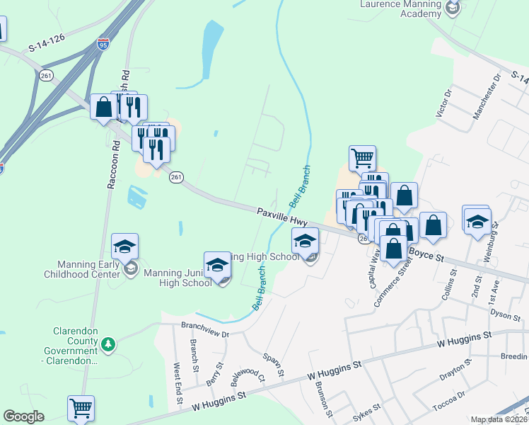 map of restaurants, bars, coffee shops, grocery stores, and more near WL Hamilton Road in Manning
