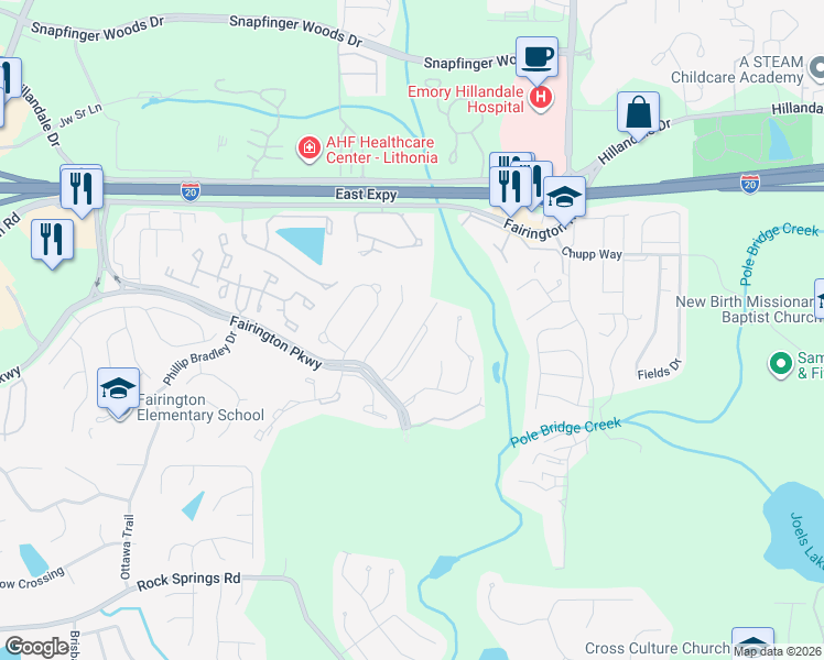 map of restaurants, bars, coffee shops, grocery stores, and more near 6101 Fairington Ridge Circle in Stonecrest