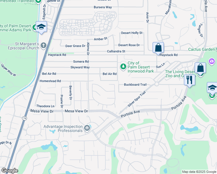 map of restaurants, bars, coffee shops, grocery stores, and more near 73165 Mirasol Court in Palm Desert